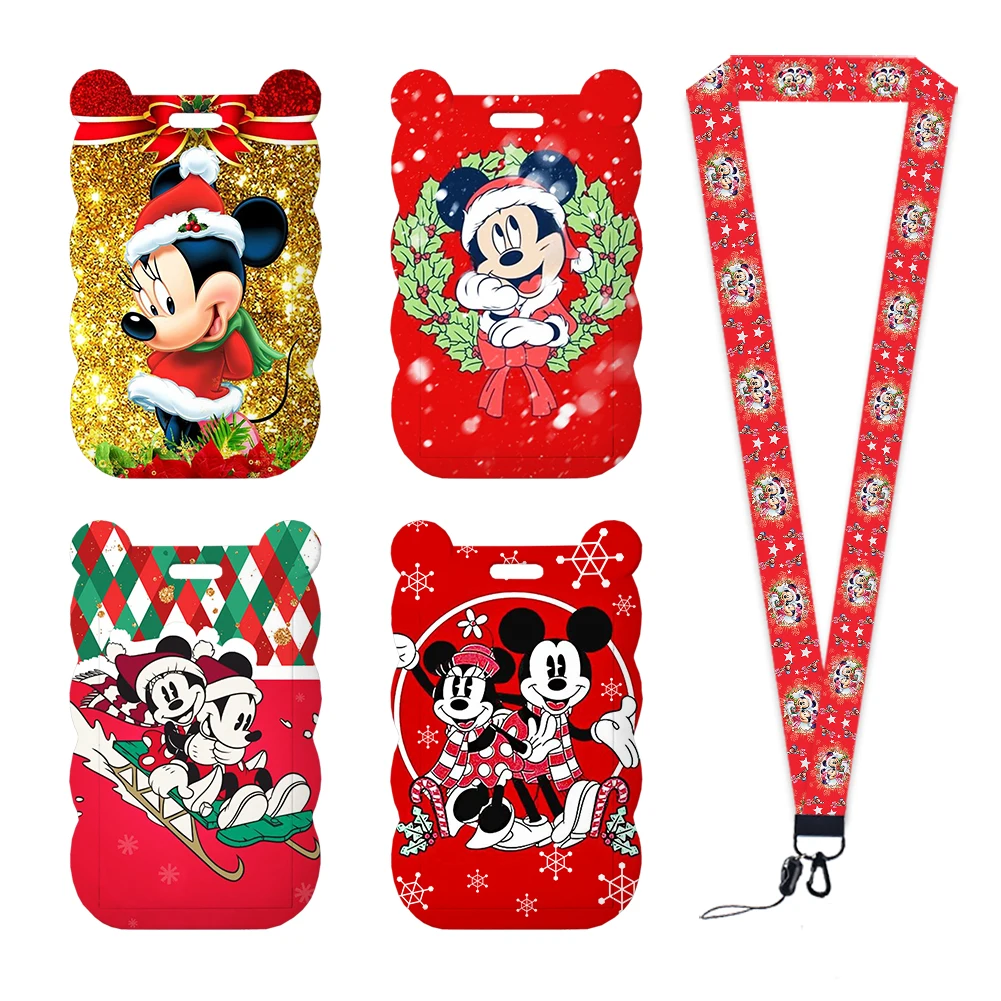 Cordón navideño de Mickey, llavero animado, bonito soporte para insignia, identificación, tarjeta de crédito, cuerda para colgar, cordón para llaves, accesorios, regalos