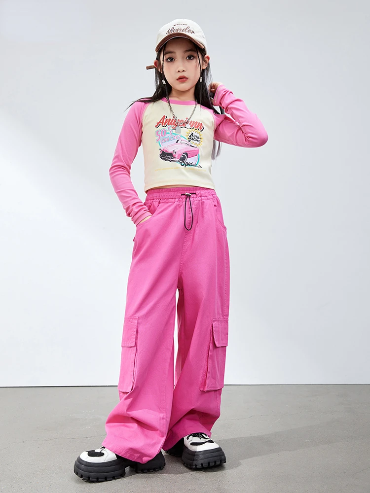 New Hip Hop Dance Costumes for Kids Pink Long Sleeved T Shirt Cargo Pants Suit Teenage Girls Jazz Performance Show Stage Clothes