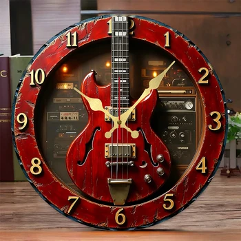 Vintage Guitar Wooden Round Silent Hanging Wall Clock, Suitable For Living Room, Office, Study Room, Bedroom, Home Decoration 1