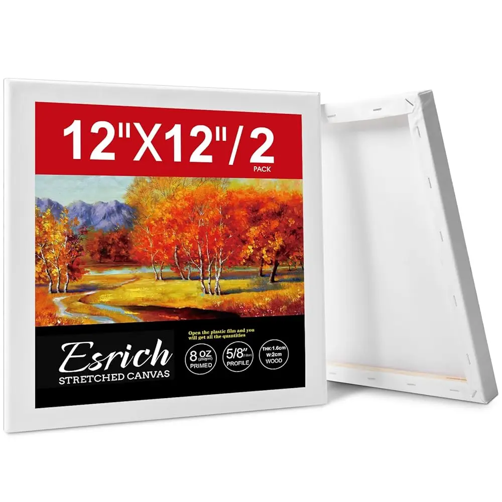 Stretched Canvas for Painting 12x12 Inch, 2 Pack Blank Canvas -5/8 in Profile Primed Cotton White Canvases for Painting for