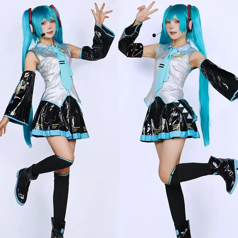 Miku Cosplay Full Set Silver Leather Fabric Suit Miku Cosplay Headwear Costume Outfit JK Sailor Dress High School Uniform Wig