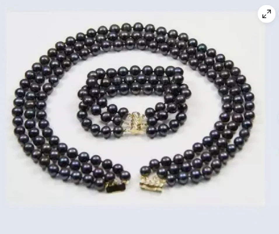 triple strands 9-8mmRoundTahaitian Black Pearl Necklace17-19