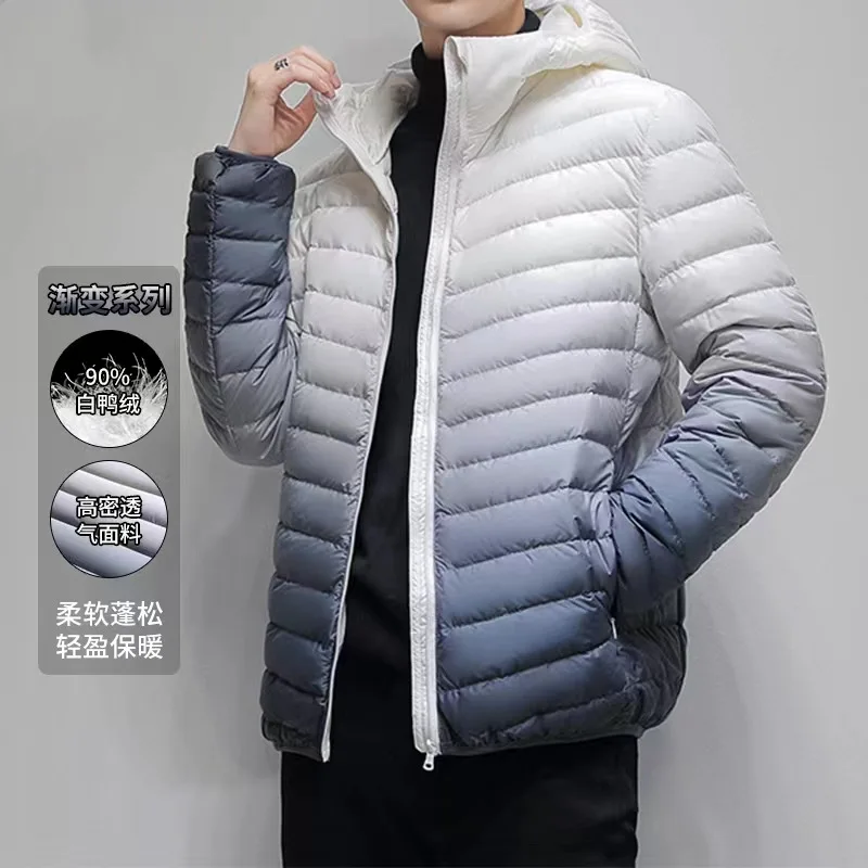 Men's Gradient Lightweight Down Coat with Hood  90% White Duck Down Jacket Men Puffer Jacket Men Jaqueta Couro Masculina JK-966