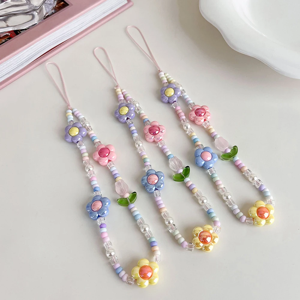 Sweet Lovely Tulip Flower Beaded Mobile Phone Charm Strap Mulheres Moda Telefone Cadeia Anti Loss Lanyard Jóias Telefone Pingente