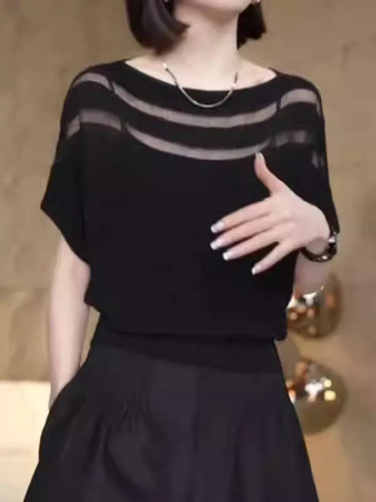 

plus Size Fashionable High-End Feeling Shiny Ice Silk Short Sleeve Knitted Top Women's Plump Early Spring Slimming Hollow Thi...