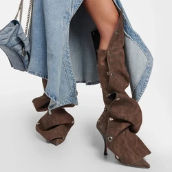 Europe America Women Knee High Boots for woman's Pointed Toe Strange Heels Botas Mujer 2024 Pleated Metal Buttons Show Shoes