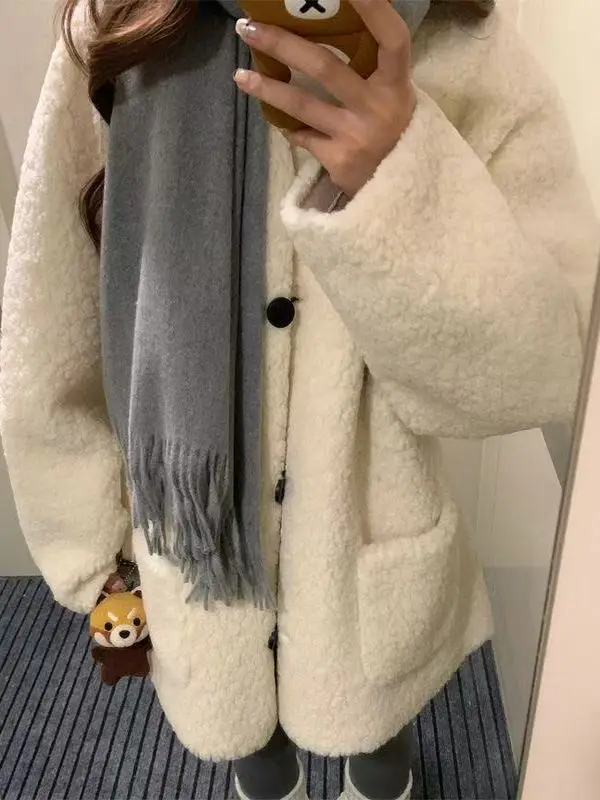

Корейская теплая хлопковая куртка из овчины для девушек, свободного кроя, универсальная, в стиле Lazy Sle, весенняя новинка для студенток