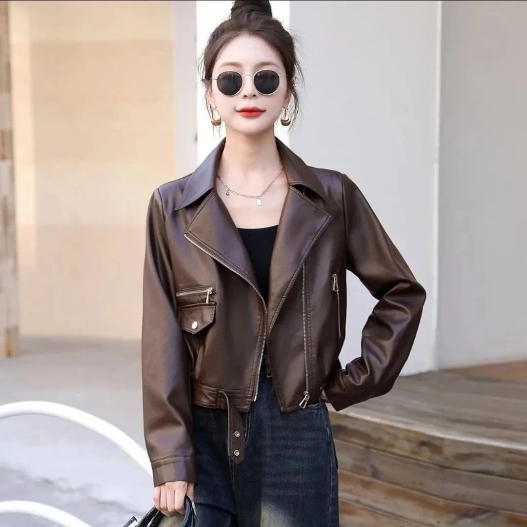 2025 Spring Autumn New Leather Jackets Women's Short Outwear Elegant Loose Motorcycle Suit Casual pu Leather Suit Collar Jacket