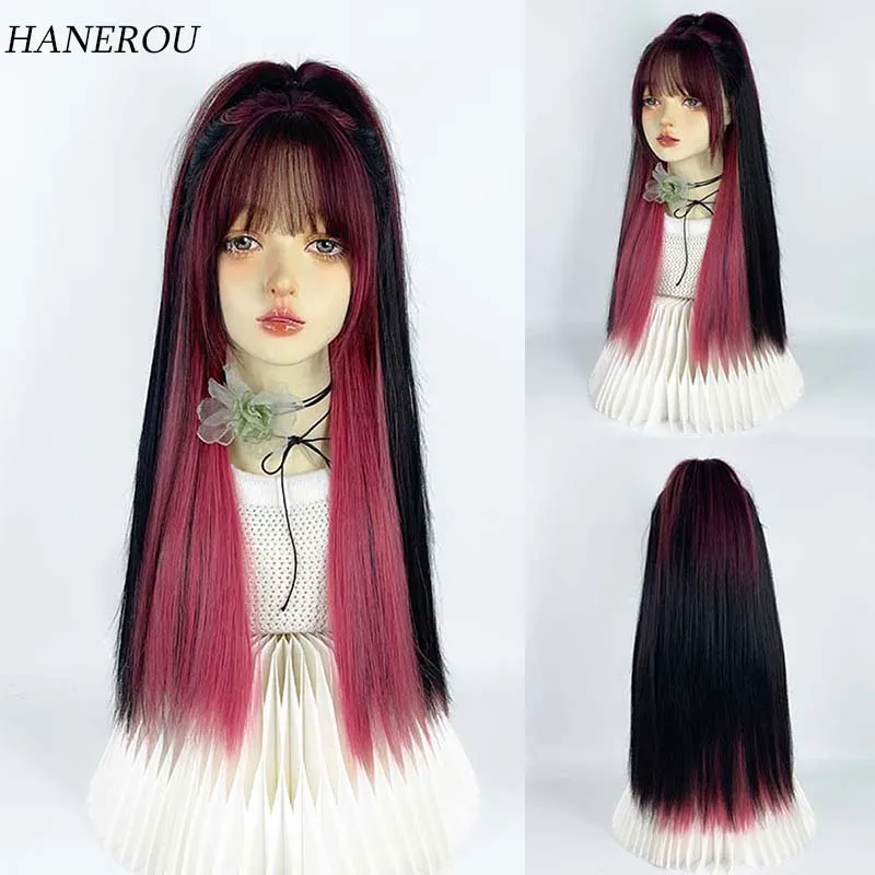 

Synthetic Long Straight Wigs with Bangs Ombre Black Mixed Purple Red Women Natural Lolita Cosplay Hair Wig for Daily Party