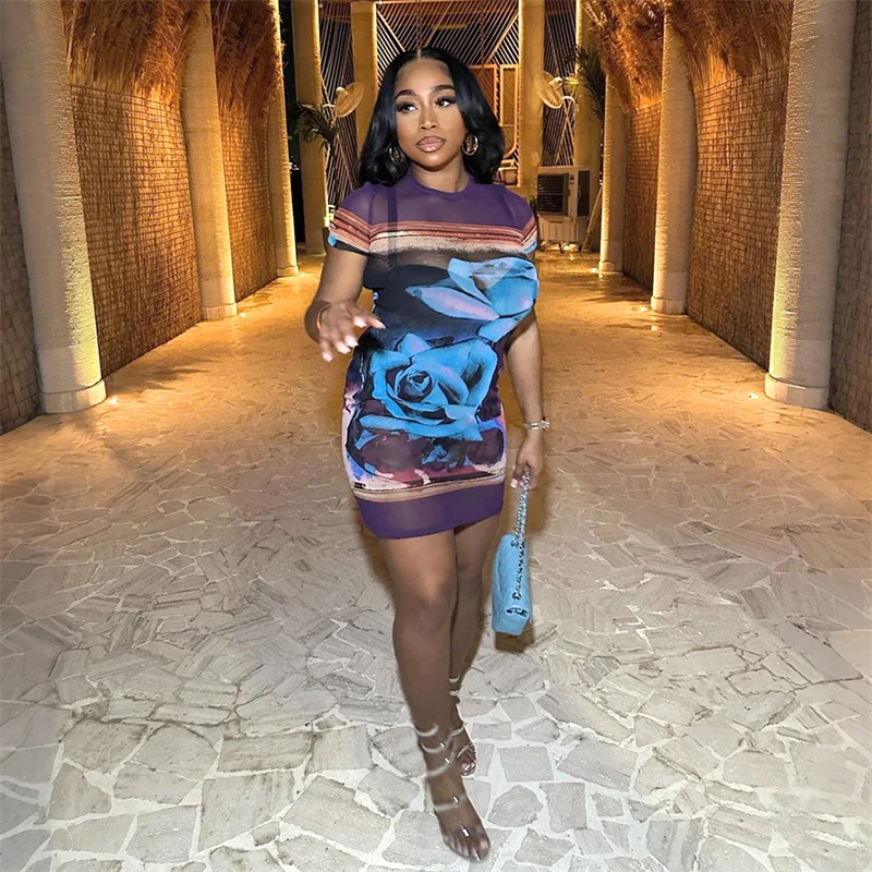 Women 2025 Summer Floral Print Sheer Mesh Sexy Mini Party Dress Short Sleeve O Neck Perspective Night Club Dress Ladies Clothing