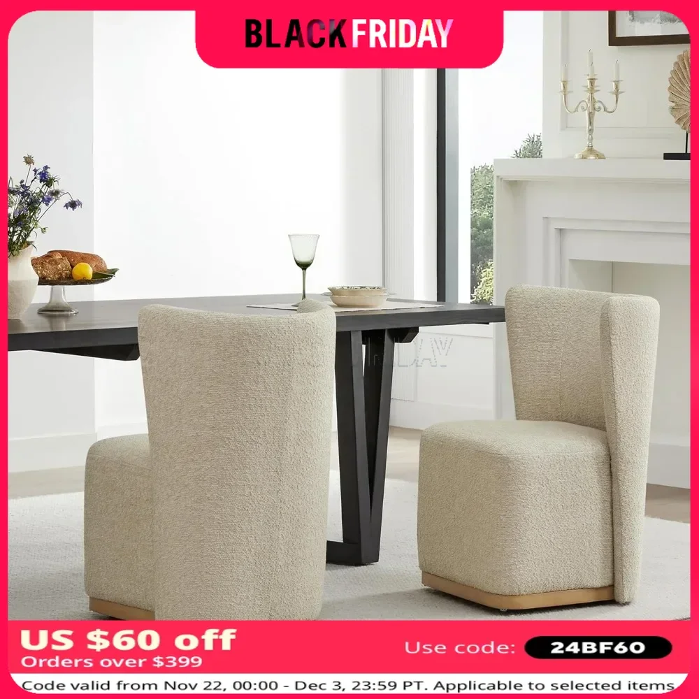 

Dining Chair Set of 2 with Casters, FSC Certified Modern Fabric Dinings Chairs, Upholstered Rolling Boucle Dining Chair