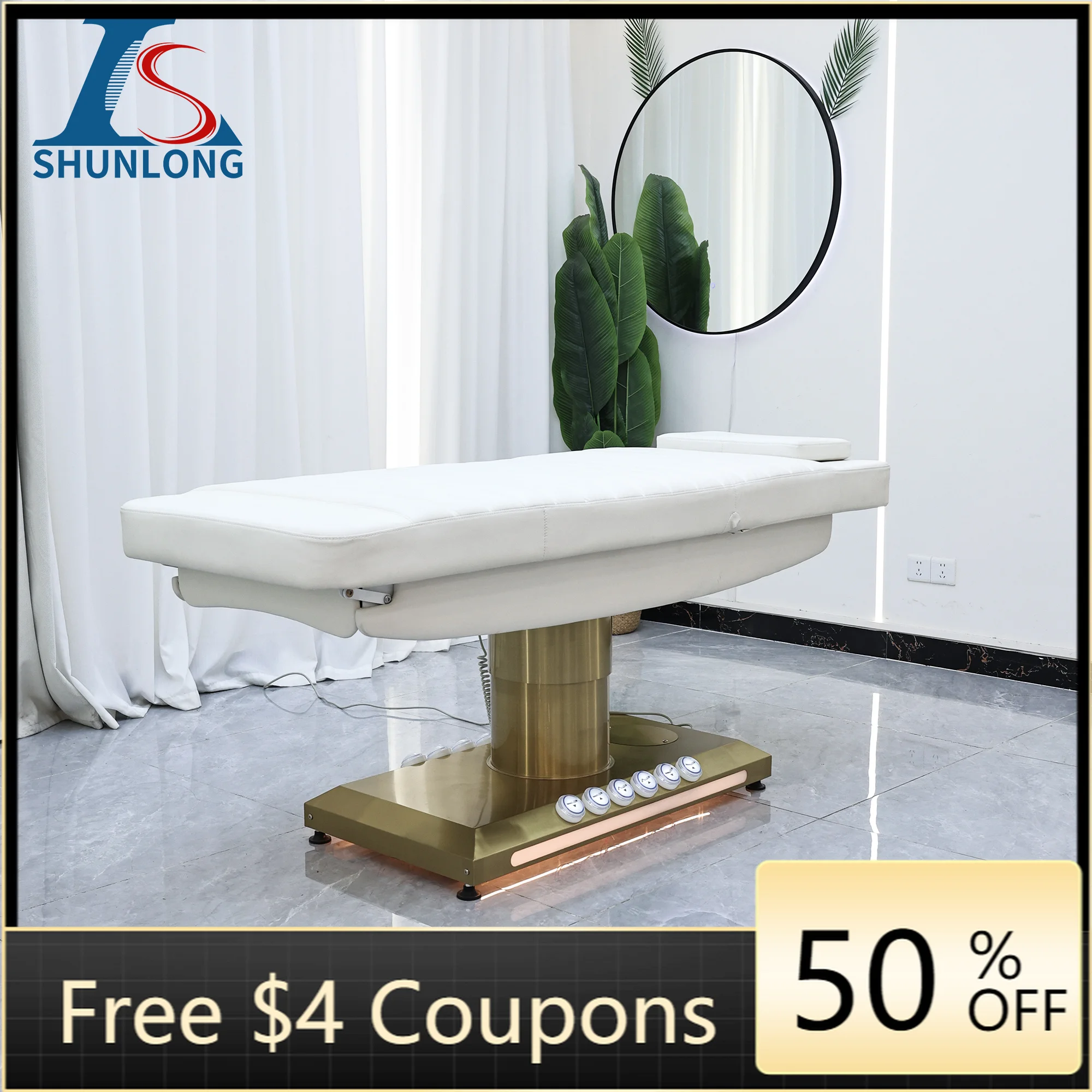 Electric Facial Massage Bed White PU Single Gold Cylinder Lift Golden Metal Base LED Ambient Light Reclining Beauty Table for Sp