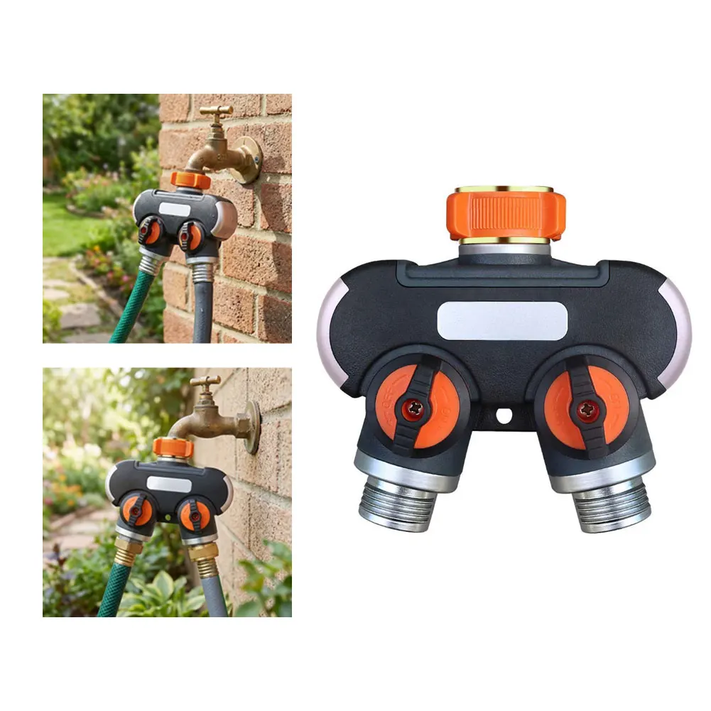 2 Way Garden Hose Splitter Tap Manifold With Independent Shut Off Valves Zinc Alloy Outlet Water Divider For Lawn