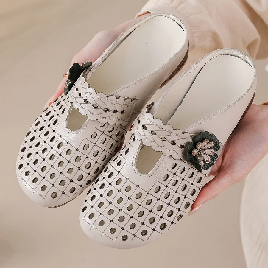 

New Closed Toe Mules Shoes Women's Breathable Perforated Real Leather Slides Woman Anti-Slip Casual Summer Breathable Sandals