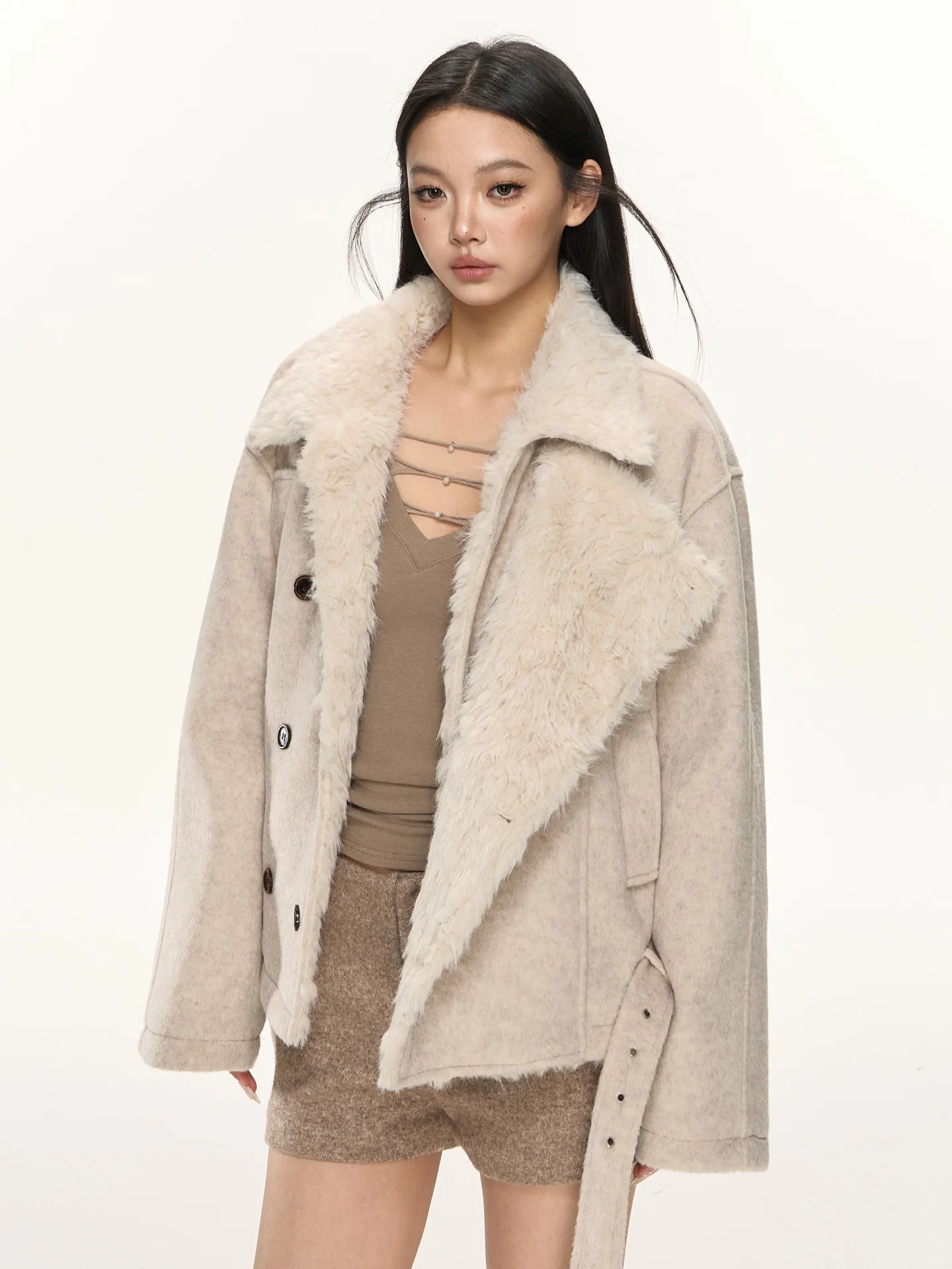 

Warmth Mixed Nova B Retro Double Button Fur Collar Cotton Jaet Women Casual Winter Outerwear Geometric Pattern Long Sve