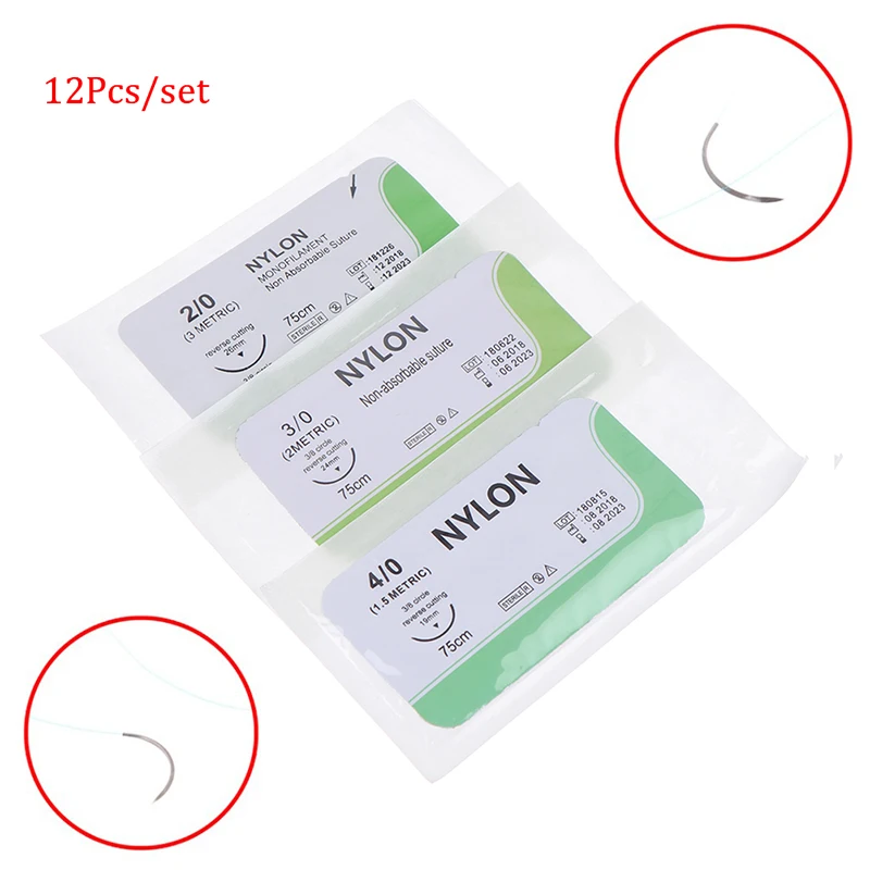 12PCS 2.0/3.0/4.0 Nylon Medical Suture Thread Sterile Needle Surgical Practice Training Kit
