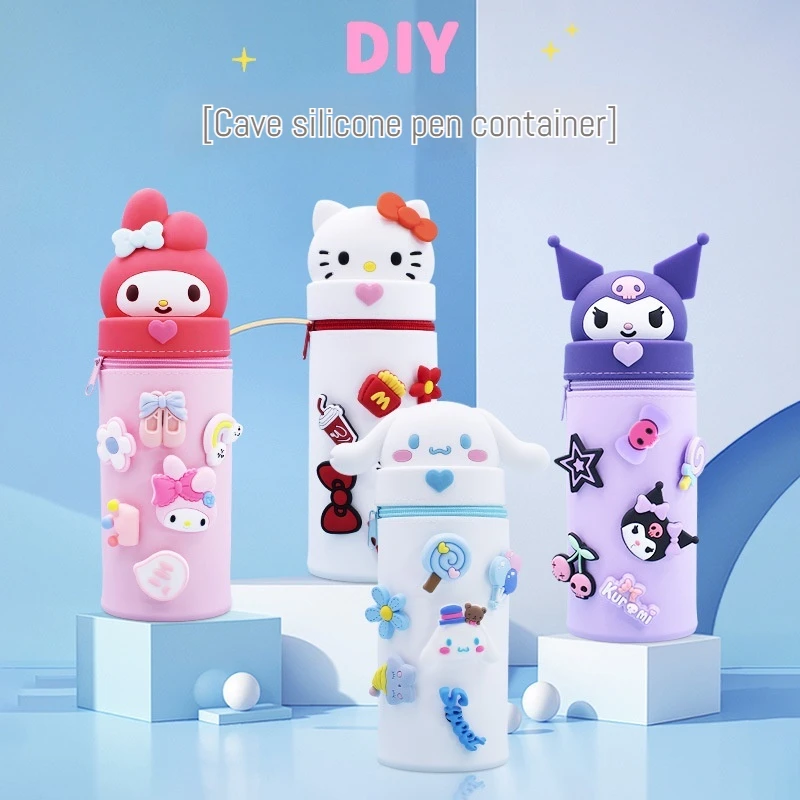 Novo sanrio mymelody kuromi dos desenhos animados silicone dobrável dupla finalidade caneta titular caixa de escritório dispositivo armazenamento papelaria