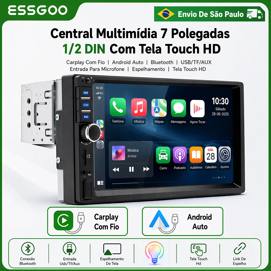 ESSGOO Rádio Multimídia 1 Din Android Auto CarPlay