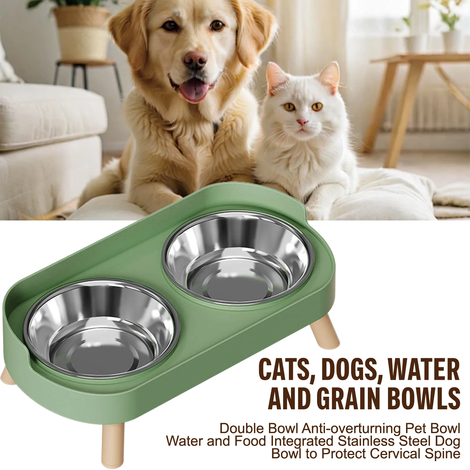 Stainless Steel Anti-Slip Cervical Protect Dual Bowl Pet Food Feeder for Cats and Dogs with Elevated Design