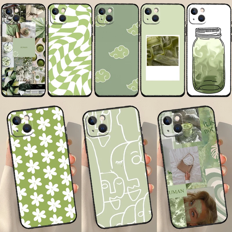 Matcha Sage Green Love Heart Case For iPhone X XR XS Max 12 13 Mini 7 8 Plus SE 2020 11 12 13 14 15 Pro Max Back Cover