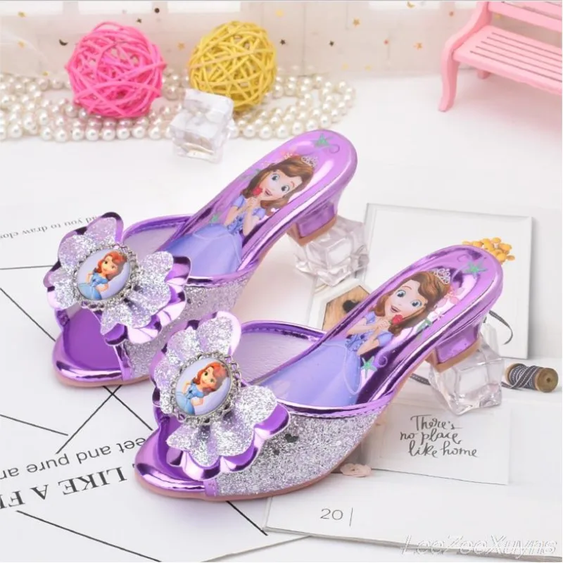 Girls Summer Sandals Slipper Sequined Princesse Children High Heel Party Dress Elsa Shoes Leather Slipper Kids Slides