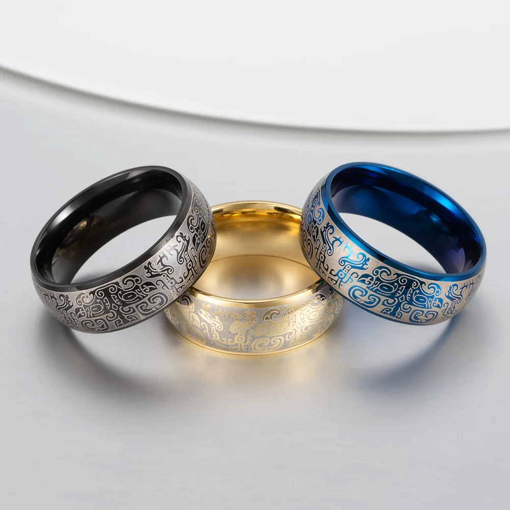 

Chinese style golden laser carved gluttonous pattern ring titanium steel retro roe deer owl men's trendy ring