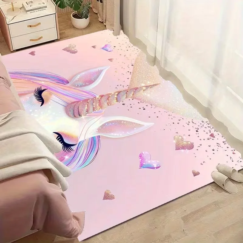 Whimsical Unicorn Oriental Cherry Print Area Rug Cartoon Star Pattern Rug Living Room carpet Girls' Bedroom Decorative Carpet