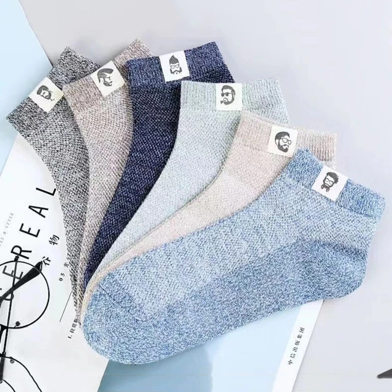 5 Pairs/Lot  Men\'s Summer Thin Socks Cotton Mesh Breathable Old Man\'s Head Pattern Sports Casual Fashion Men Boat Socks EU38-43