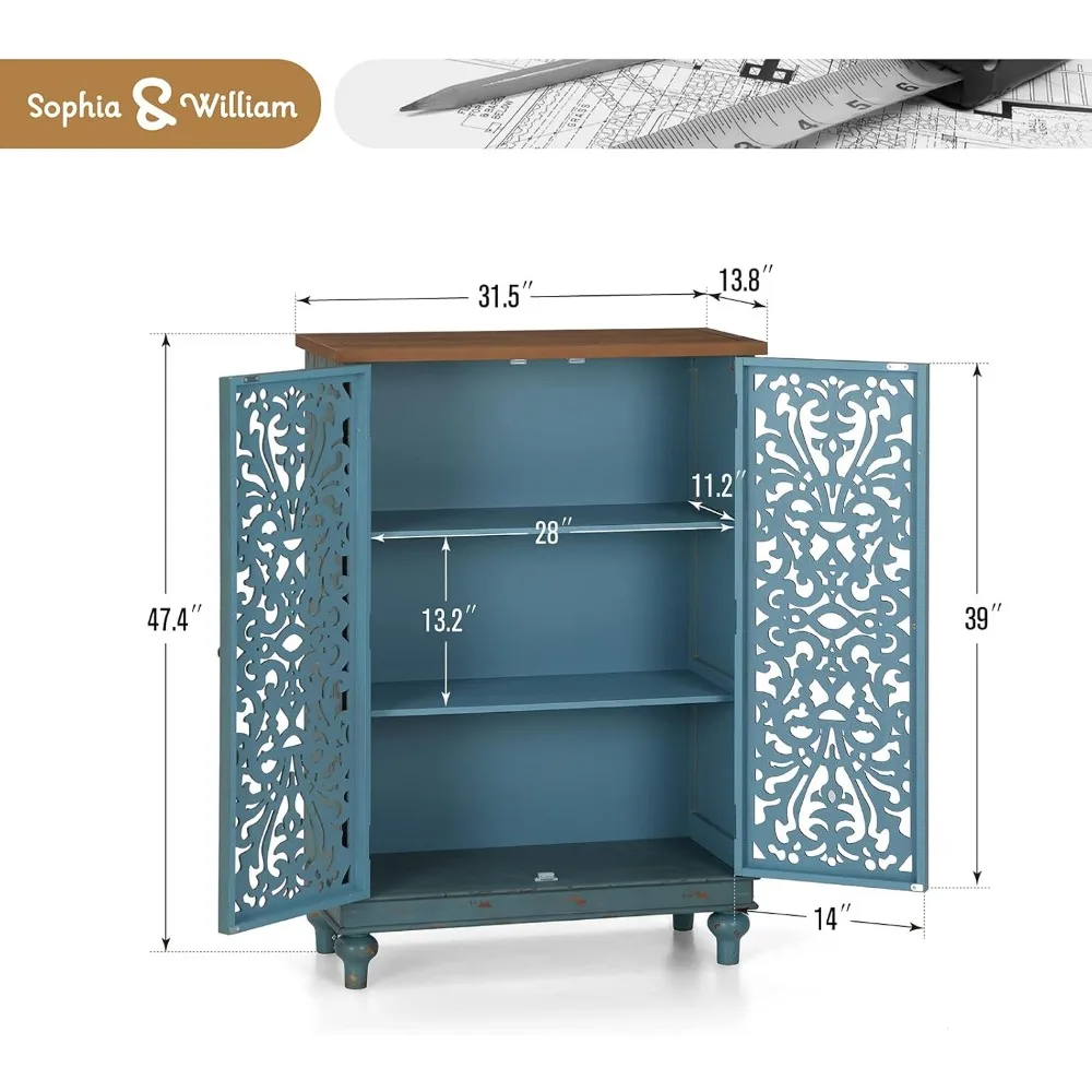 Niebieska wysoka szafka z 2 drzwiami do salonu i jadalni, dekoracyjne meble akcentujące.