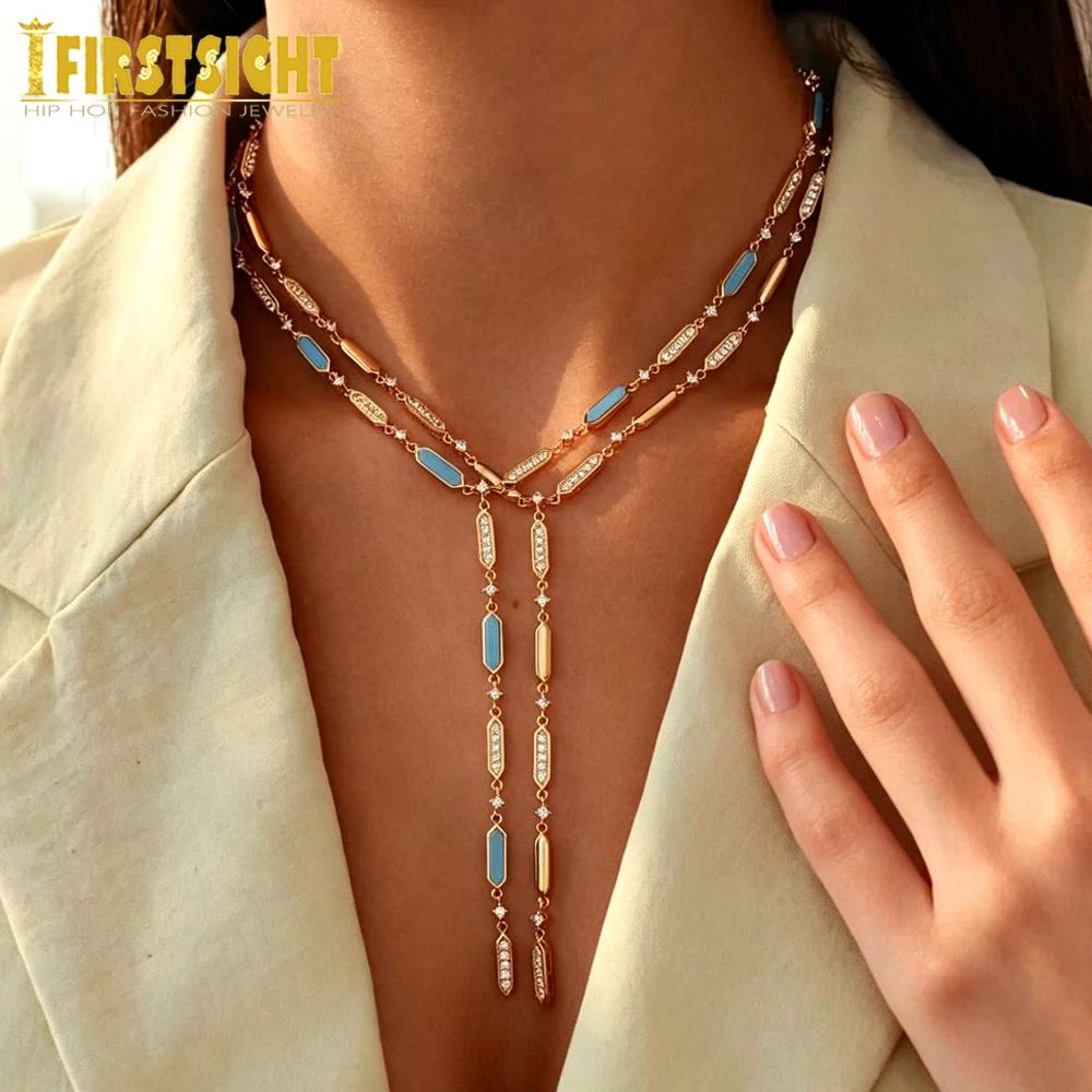 2026 Neue Halskette mit Türkis- und Weißstein-Verzierung, Emaille-Farben-Gliederkette, Zirkonia-Stabanhänger für Damen-Schmuck