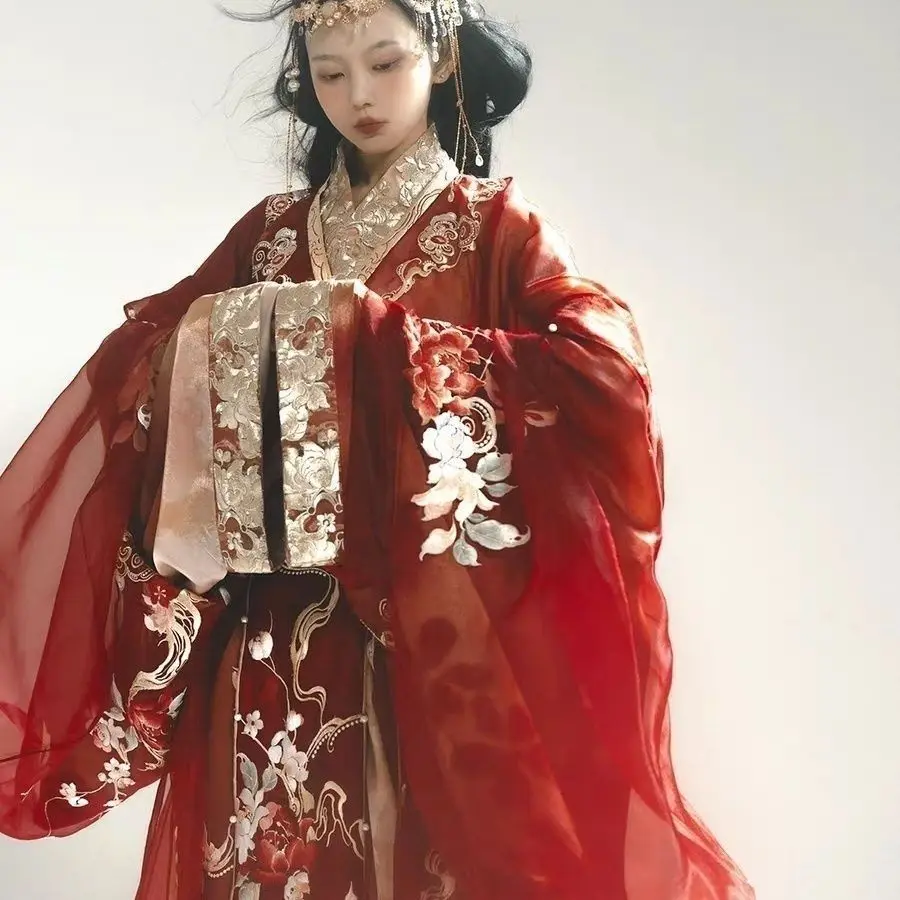 

Женский полный костюм в стиле Warring States Hanfu и комплект Han с большими рукавами, новый красный Hanfu Cos, классическая красота, вышивка Hanfu