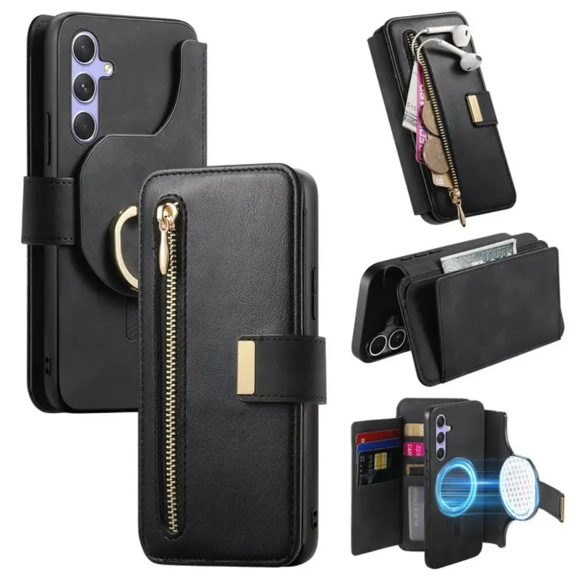 

For Samsung Galaxy S26 S25 S24 S23 Ultra Detachable Leather Zipper Wallet Card Holder Phone Case for A56 A36 A16 A17 A07 Cover