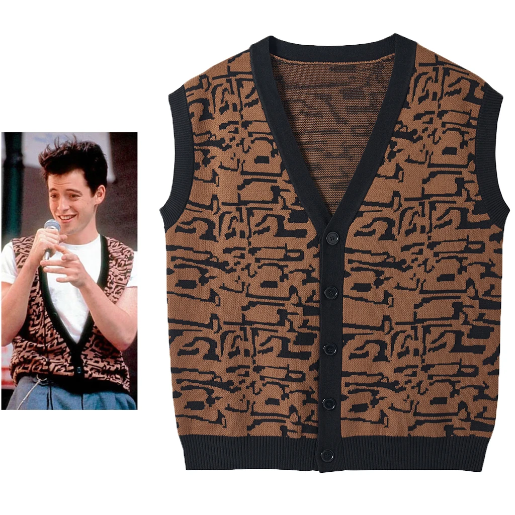 Ferris Bueller Cosplay Costume Vest Ferris Bueller's Day Off Costume Casual Sweater Knitted Cardigan Button Up Vest forHalloween