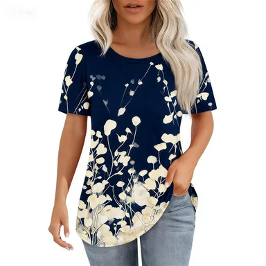 Crew Neck Short Sleeve Ink Painting Eucalyptus Print T Shirt Women's Outfits Casual Daily Wear