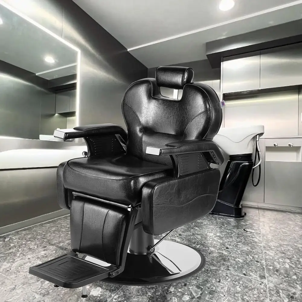 

Professional Stylist Chair - Reclining Hydraulic Swivel Seat with Footrest, Black Leather