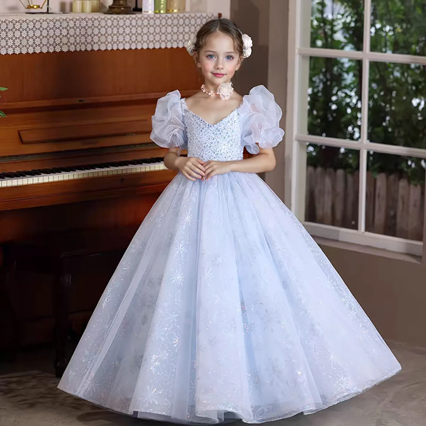 

Luxury Sequines Blue Girl Dress V-Neck Lace For Princess Kids Birthday Wedding Party Pageant Holiday Long Gown