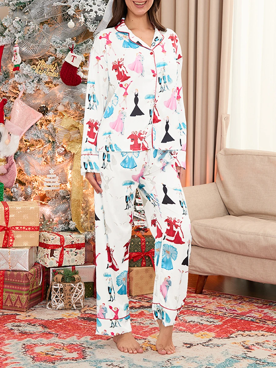 Cute Y2k Christmas Pajama Sets for Women Ballet Print Satin Silk Long Sleeve Shirt and Pants 2 Piece Lounge Set Sleepwear