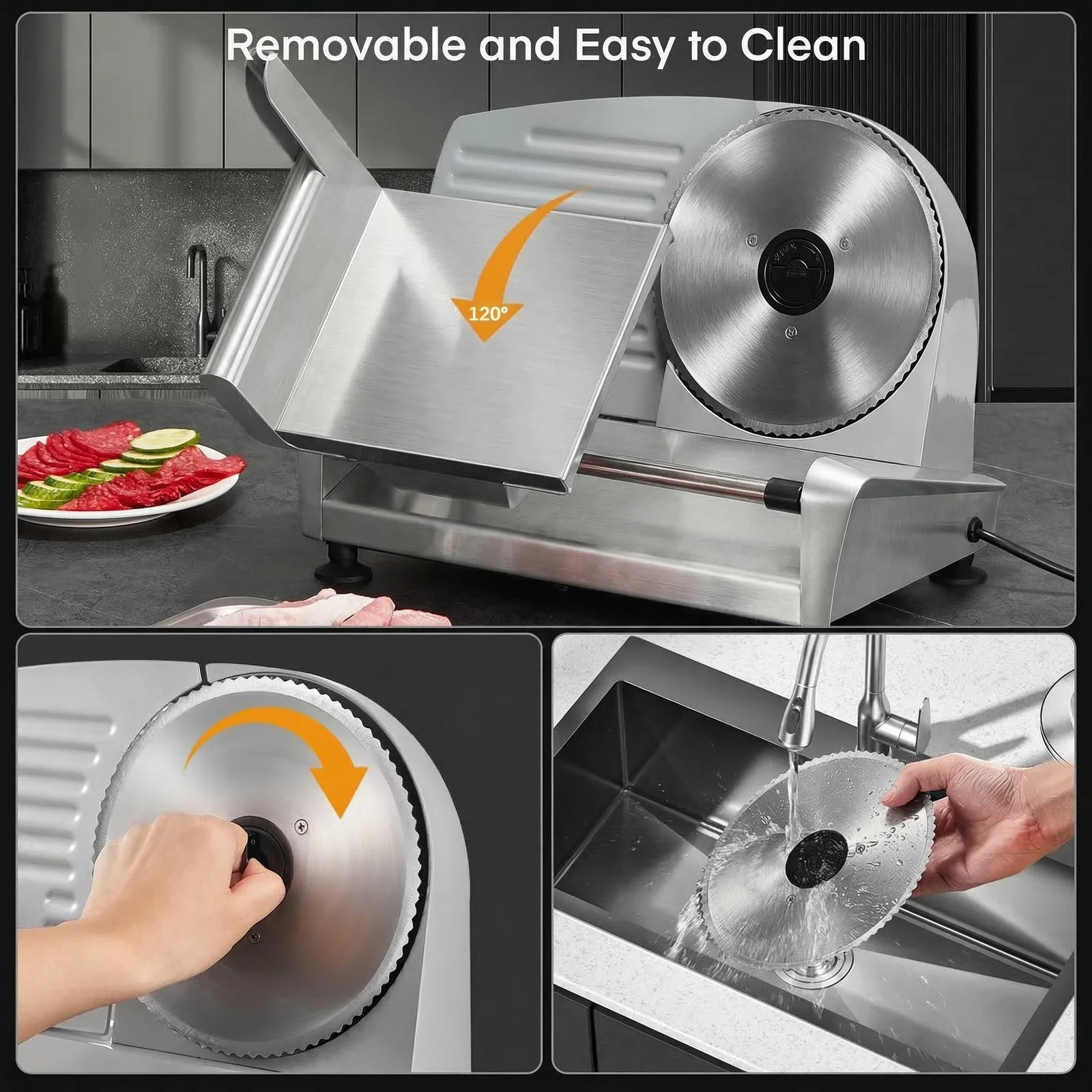 250W Compact Electric Deli Slicer, 3 Blades for Soft to Firm Foods (Bread Fruit Meat Cheese), 0-15 mm Thickness Dial, Removable Parts for Quick Hand Wash,Safe Lock Design,silver