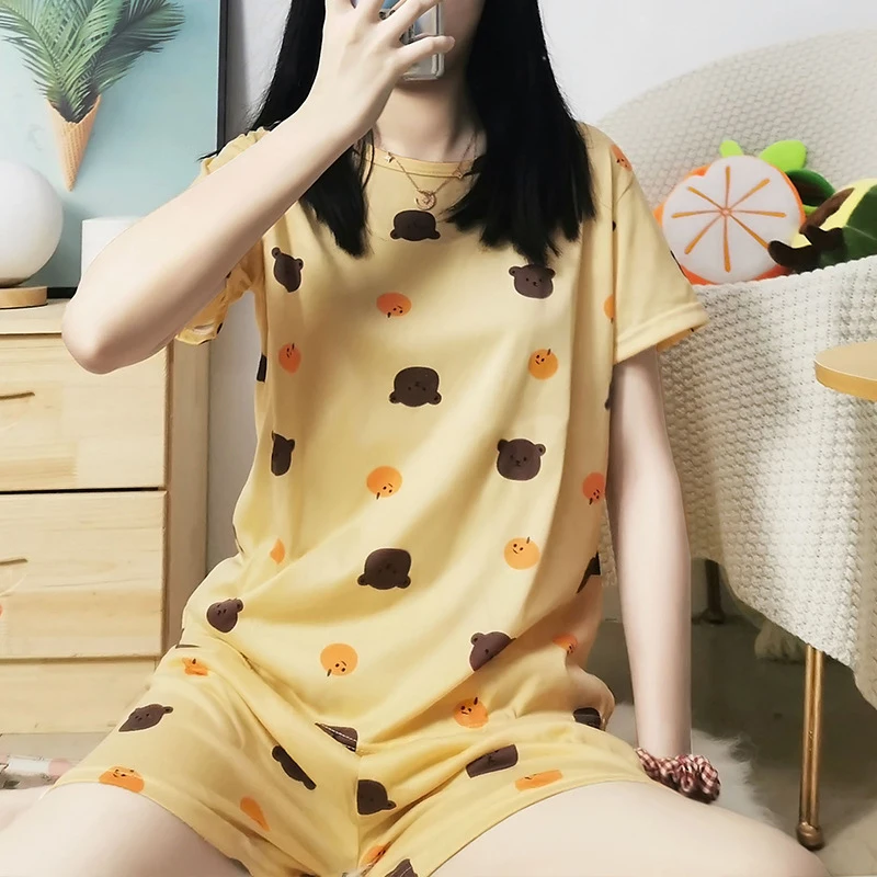 

Summer Short-sleeved Short Skirt Suit Pajamas Women's Casual Thin Cute Cartoon Home Clothes Can Be Worn Outside