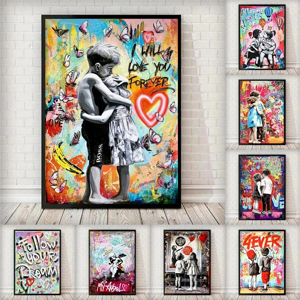 Banksy Wall Art I Will Love You Forever Inspired Artwork Graffiti Canvas Painting Kids Kiss Street Pop Poster Prints Room Decor