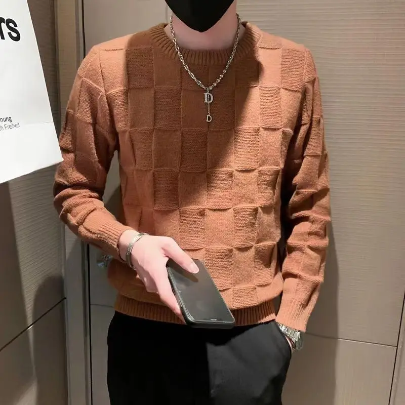 Autumn Winter Men Korean Trend Checkerboard Streetwear Knitted Sweater Youth Solid O Neck Long Sleeve Pullover Tops Ropa Hombre