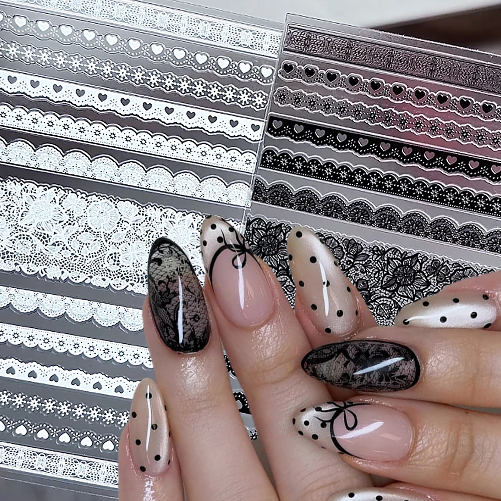5D Black White Lace Heart Wave Lines Nail Sticker Sexy Lace Flower Design Nail Decal Self-Adhesive Wedding French Manicure Decor