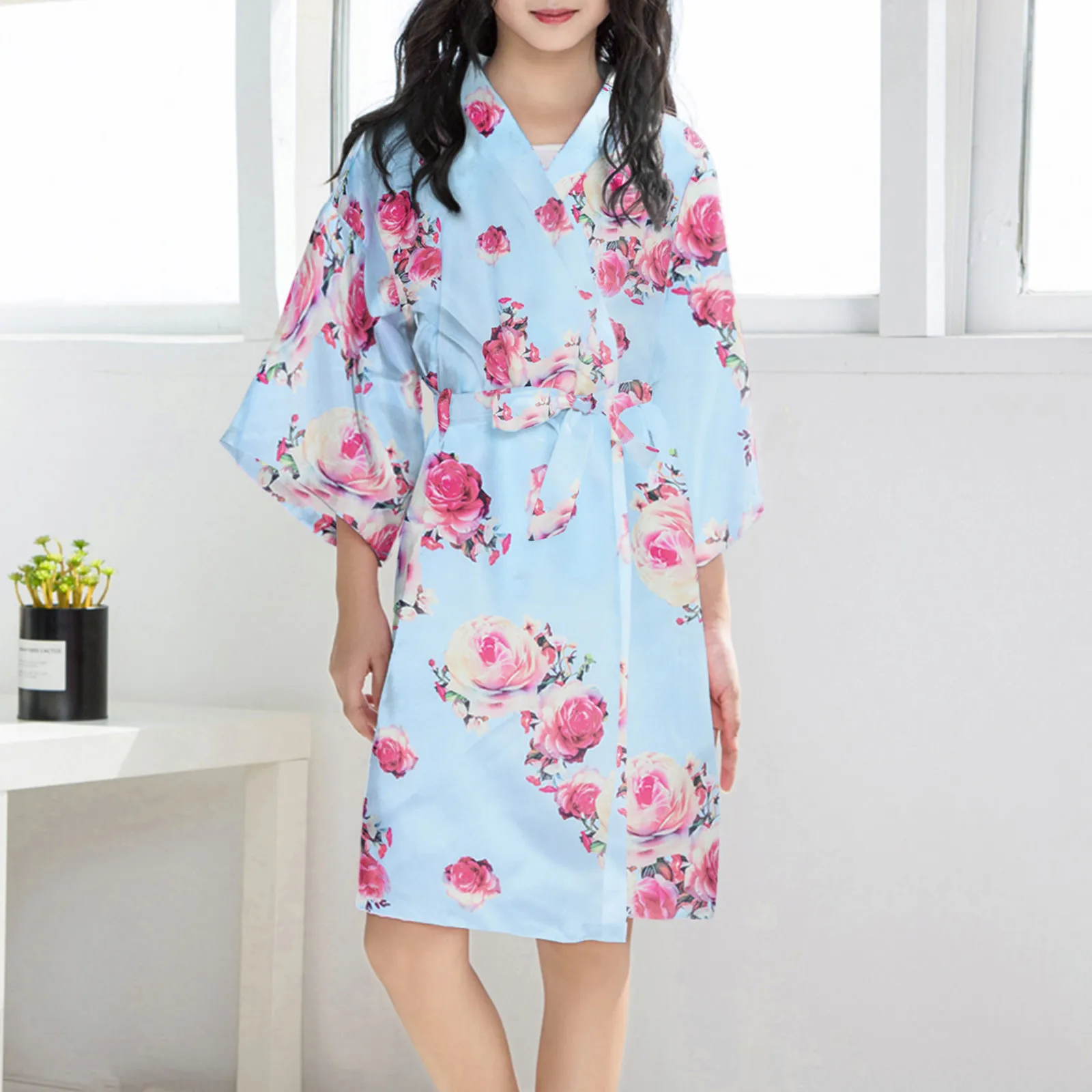 New Solid Baby Girl Stain Silk Robes Flower Girl Kimono Robes Wedding Brief Bathrobes Pajamas Kids Robe+Belt Nightdress Homewear