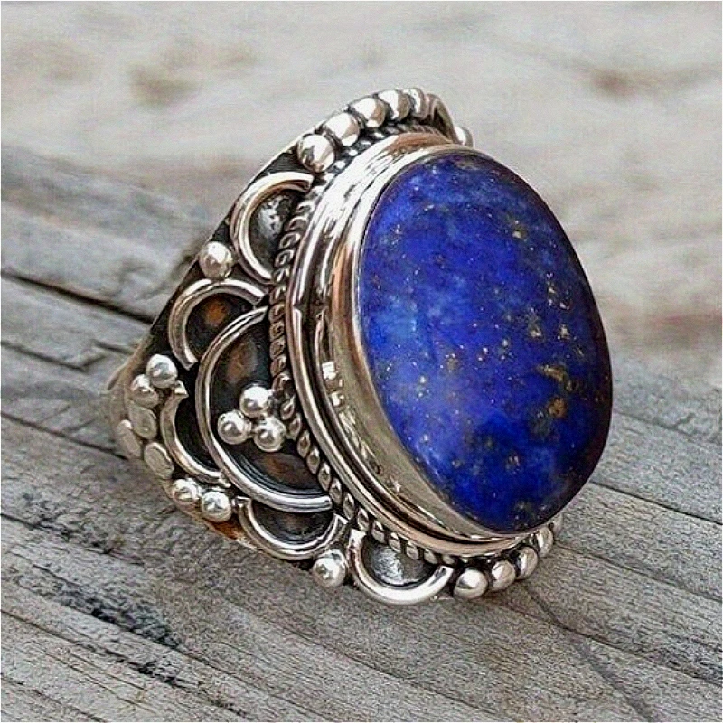 Anillo Ovalado Vintage con Incrustaciones de Lapislázuli Sintético, Tallado a Mano, para Mujer, Joyería Plateada Elegante para Banquetes