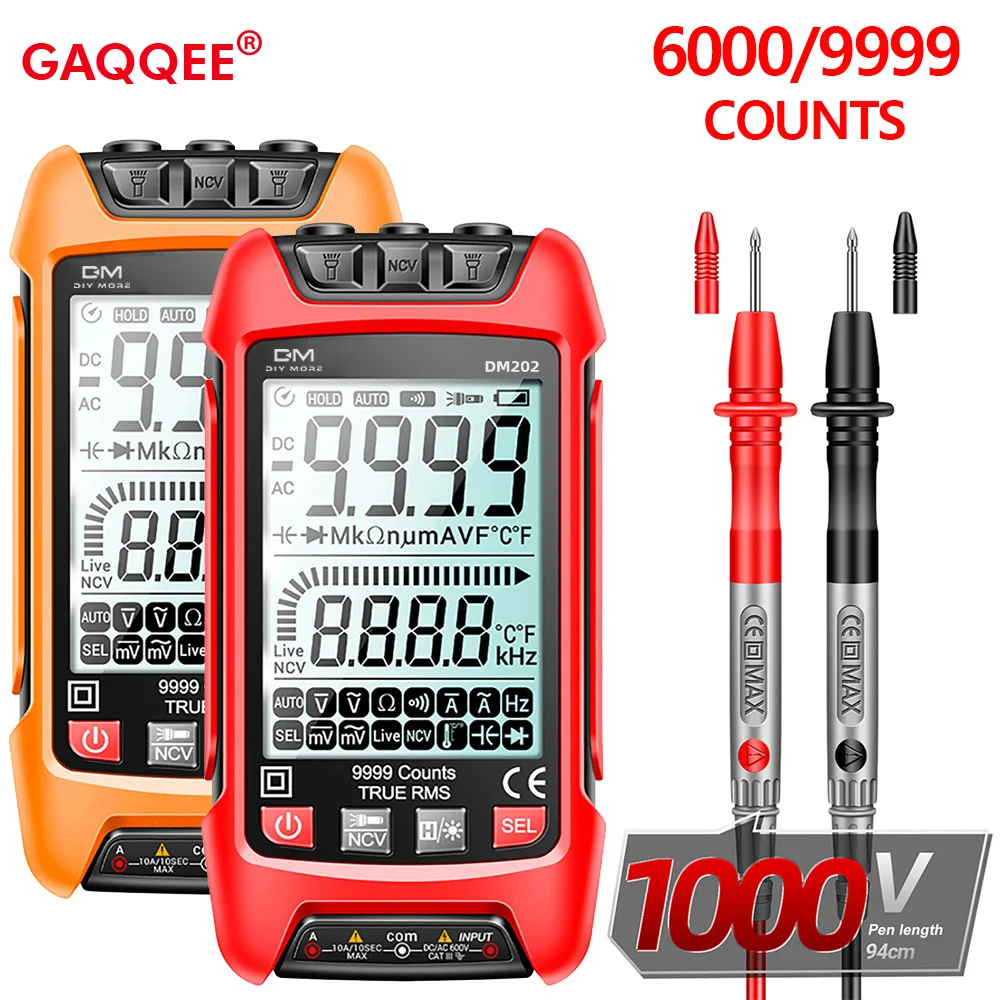 Digital Multimeter 6000/9999 Counts AC DC Voltmeter Ammeter True RMS Auto Electrical Capacitance Transistor Tester DM201 DM202