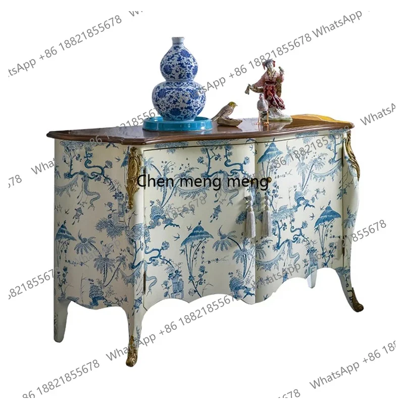 French Chinese Style Dining Sideboard Blue and White Hand-painted Storage Cabinet New Decorative Side Cabinet