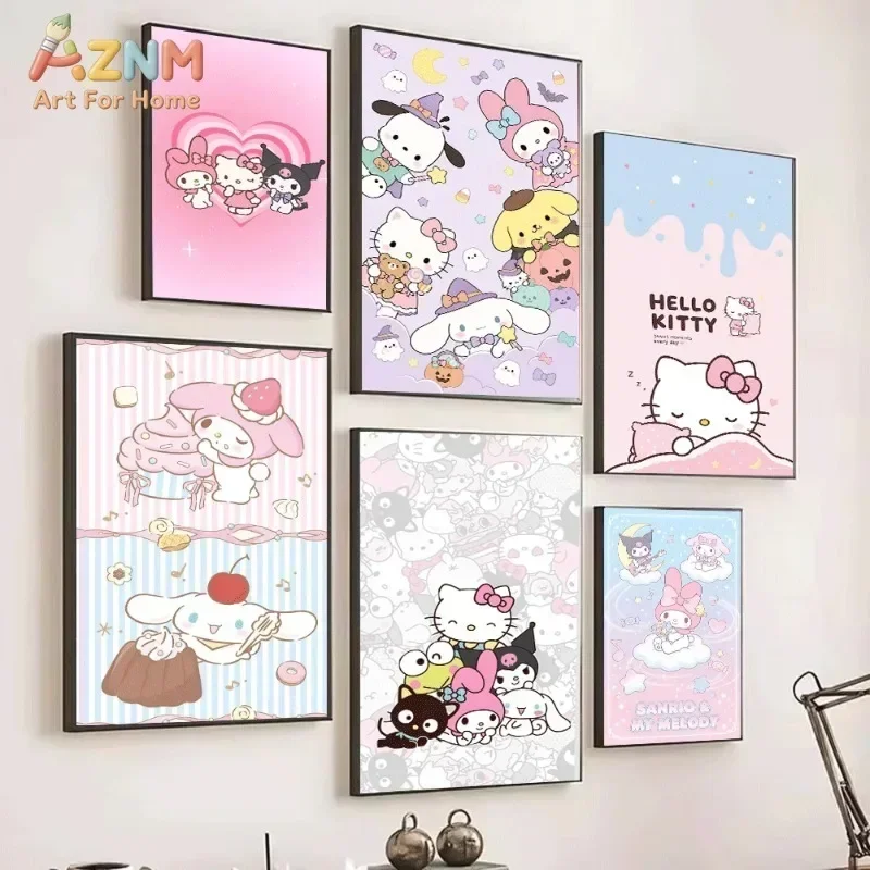 Hello Kitty My Melody Kuromi Canvas Poster Cute Sanrio Cartoon Print Unframed Canvas Art Pink Heart Dessert Sweet Kawaii Aesthet