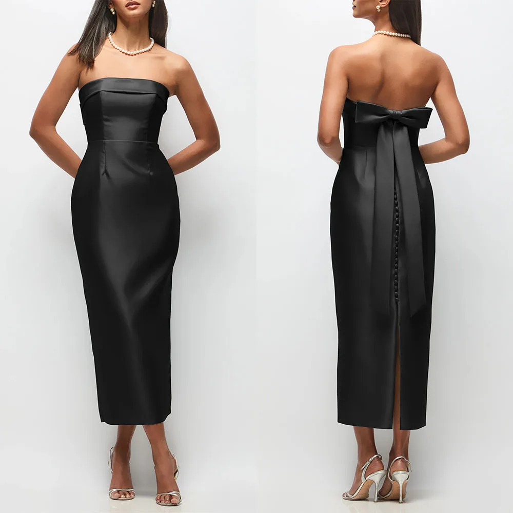 

Customized Strapless Sleeveless Ankle Length Bow Black Long Dress Rochii De Nuntă De Lux Scurte Robes De Soirée Evening Gowns
