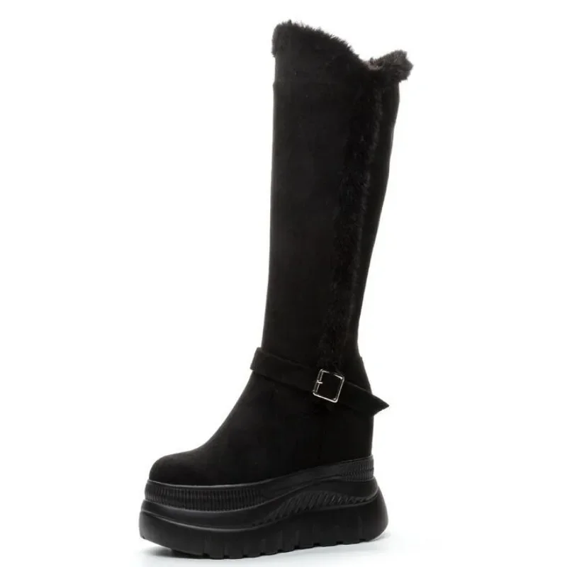 

12cm Suede Microfiber Leather Women Boots Platform Wedge Fashion Autumn Spring Knee High Boots Winter Plush Booties Shoes
