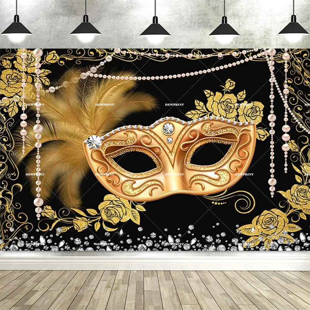 Dewprint Masquerade Party Backdrop Retro Gold Black Mask Birthday Photography Photo Background Champagne Glass Photo Booths Prop